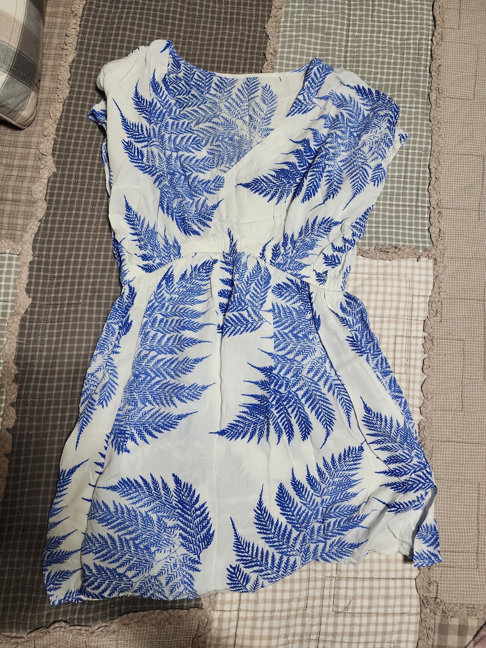 White Mini Dress with Blue Fern Print - V-Neck Summer Dress